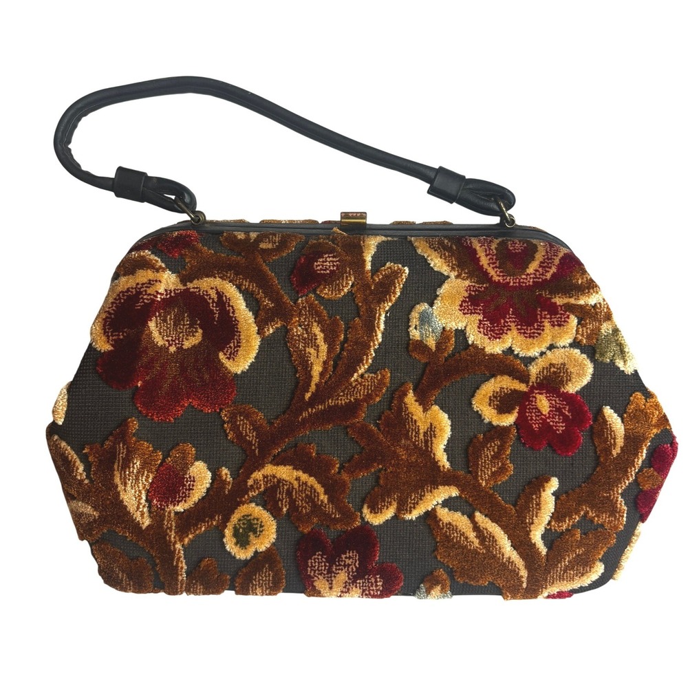 Vintage Garay Floral Carpet Bag Handbag Velvet Tapestry Frame Bag Black Gold